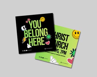 Pode incluir: Dois folhetos promocionais quadrados. Um é preto com o texto "YOU BELONG HERE" em verde e branco, decorado com adesivos de desenhos animados. O outro é verde e amarelo com "CHRIST CHURCH" e detalhes do evento.