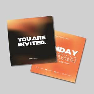 Pode incluir: Dois cartões quadrados com fundo gradiente. Um cartão é preto com texto branco que diz "YOU ARE INVITED." O outro cartão é laranja com texto branco que diz "SUNDAY 11AM." Os cartões são para uma igreja.