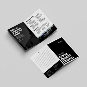 May include: Two brochures in black and white. One open brochure features the text "To know Jesus and make Him known." The other brochure reads "Welcome to Christ Baptist Church."