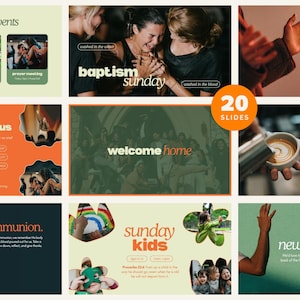 May include: A digital presentation template set containing 20 slides for church events. The slides feature various layouts with text such as upcoming events, baptism sunday, serve with us, welcome home, communion, sunday kids, and new with us.