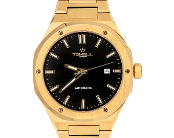 Reloj automático dorado para hombre / Esfera negra, cristal de zafiro, bisel de acero cepillado