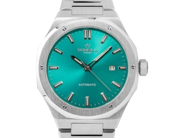 Reloj automático para hombre / Caja plateada / Esfera azul aguamarina / Cristal de zafiro / Brazalete de acero cepillado