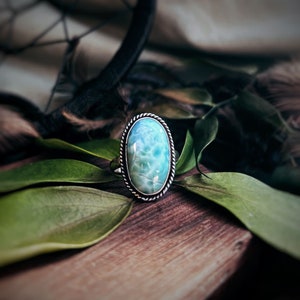 K&ouml;nnte beinhalten: Ovaler Silberring mit einem hellblauen Edelstein, platziert auf einer Holzoberfl&auml;che mit gr&uuml;nen Bl&auml;ttern. Der Stein ist von einem silbernen, seilartigen Rand umgeben. Das Design des Rings strahlt nat&uuml;rliche Sch&ouml;nheit und Eleganz aus.