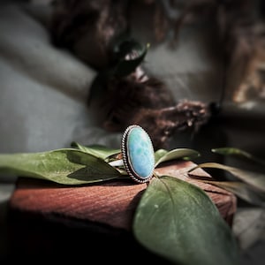 K&ouml;nnte beinhalten: Ein Silberring mit einem ovalen, hellblauen Edelstein. Der Edelstein ist in einer silbernen L&uuml;nette mit einem gedrehten Seildesign gefasst. Der Ring liegt auf einer Holzoberfl&auml;che mit gr&uuml;nen Bl&auml;ttern.
