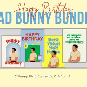 Paquete de cumpleaños de Bad Bunny: tarjetas imprimibles para fiestas y tarjetas digitales DTMF / Tema de reggaetón / Plantillas editables