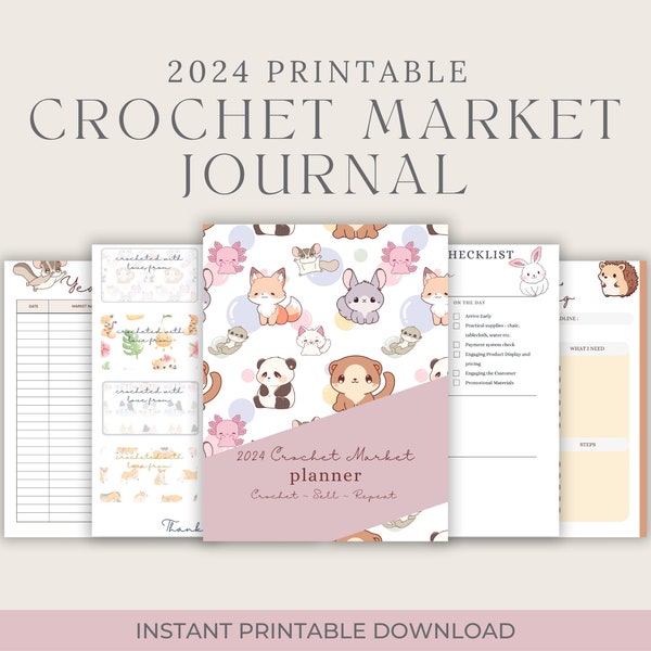 2024 Printable Crochet Marktplaner, Häkeljournal, Häkelplaner, Häkelmarkt, Amigurumi, Amigurumi häkeln, Kawaii Thema, häkeln