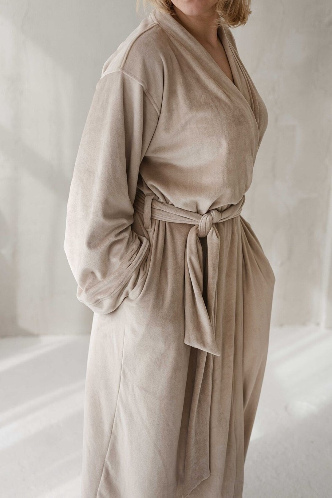 Women's Bathrobe Elegant Velvet BEIGE - Plush Long Sleeve Robe - Etsy