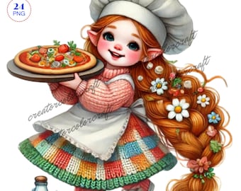 Pizza Gnome Clipart PNG Bundle, Gnome Clip Art, Pizza Lovers, Chef Illustration Printable, Sublimation Mug, Gnome Food, girl gnomes clipart