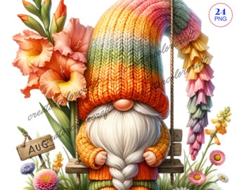 Birth Month Flower Gnome Watercolor Clipart, Birth Month Flower, Gladiolus Gnomes, Flowers Gnomes, Garden clipart, Spring gnome,Summer Gnome