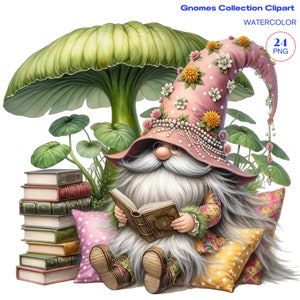 Clipart di lettura, clipart di gnomi carini, Clipart di lettura del libro, Pianificatore, Invito, Sublimazione, Gnomi di lettura dell'acquerello, Lettura di un libro Gnomi
