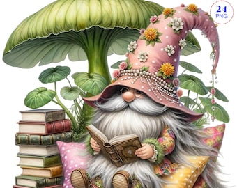 Reading Clipart, Cute gnomes clipart, Read Book Clipart, Planner, Invitation, Sublimation, Watercolor Reading Gnomes, Reading a Book Gnomes