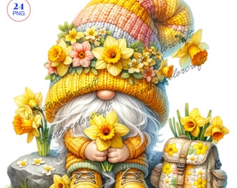 Daffodil Gnomes Clipart, Flower gnome, Garden gnome clipart, Spring gnomes, Gnome With Flowers, Summer gnome,Card Making,Gift Tag,bundle Png