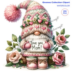 Pacchetto Gnome festa della mamma Clipart JPG, Download digitale, Creazione di biglietti, Supporti misti, Mestiere di carta digitale, Clipart acquerello, Uso commerciale, Bambino