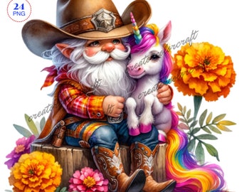 Unicorn Gnome Clipart, Digital Download, Card Making, Cowboy gnome clipart, Digital Paper Craft, Watercolor clipart,Flower gnome,Unicorn png