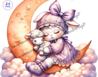 Sleeping Rabbit Clipart, Gnome Clip Art PNG Watercolor, Junk Journal, Card Making Gift Tag, Digital Images Sublimation Printable,Sublimation