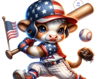 Patriotic Clipart, 4th of July Clipart, Cow Clip Art, 10 PNG Watercolor, Junk Journal, Card Making, Kids Shirt Party Sublimation Printable