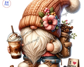 Coffee Gnome Clipart, Watercolor Gnome, Watercolor clipart bundle, Instant Download, Scrapbook, girl gnome clipart,Paper Crafts Scrapbooking