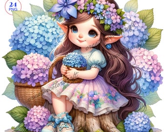 Hydrangea Gnome clipart, bundle Png, Garden clipart, Spring gnome png,Gnome With Flowers,Summer gnome,Sublimation Designs,Girl Gnome clipart