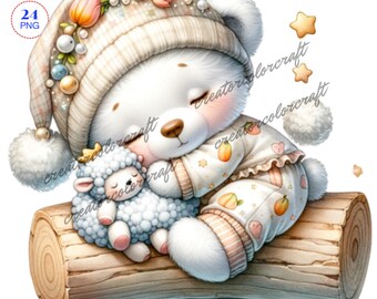 Sleeping Teddy Bear Clipart, Gnome Clip Art PNG Watercolor, Junk Journal, Card Making Gift Tag, Digital Images Sublimation Printable, Kids