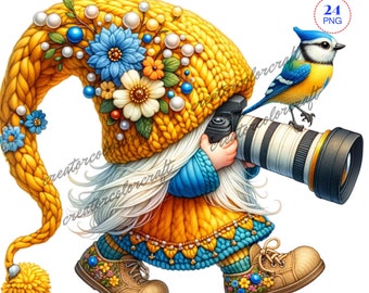 watercolor clipart, Bird Gnome, Birdwatching Gnome, Spring activities or spring ,Flower, gnomes sublimation, fantasy floral, Gnome garden