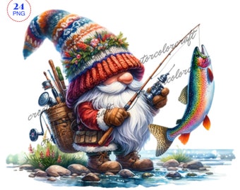 Fishing Gnome clipart, Cute gnomes clipart, Fishing Clipart, Planner, Invitation, Fisherman gnome, Fly fishing clipart, Gnome Trout Clipart