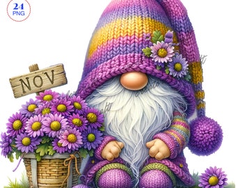 Birth Month Flower Gnome Watercolor Clipart, Birth Month Flower, Chrysanthemum Gnomes, Flowers Gnomes, Garden clipart, Spring gnome, Kids