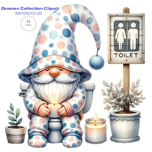 Aquarel Pastel Funny Cute Toilet Gnome Clipart PNG Bundel, Toilet citaten, Decor van de kinderkamer, Gnome Lovers, Kinderkamer Kunst, Sublimatie Ontwerpen