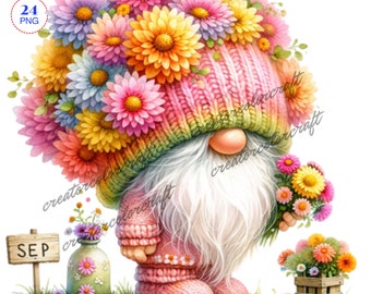 Birth Month Flower Gnome Watercolor Clipart, Birth Month Flower, Aster Gnomes, Flowers Gnomes, Garden clipart, Spring gnome,Summer Gnome,Kid