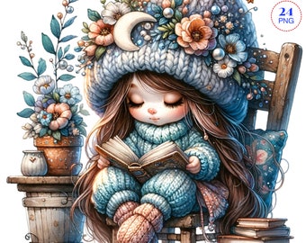 Reading Clipart, Cute gnomes clipart, Read Book Clipart, Planner, Invitation, Sublimation, Watercolor Reading Gnomes, girl gnome clipart