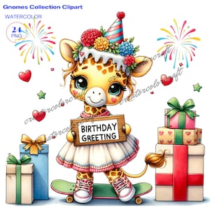 Birthday Giraffe Clipart, Happy Birthday Gnome, Junk Journal, Card Making, Gift Tag, Teacher Shirt, Digital Images Sublimation Printable,Kid