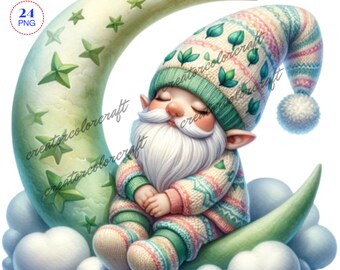 Sleeping Gnome Clipart, Gnome Clip Art PNG Watercolor, Junk Journal, Card Making Gift Tag, Digital Images Sublimation Printable, Sublimation