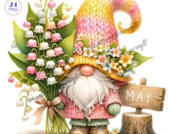 Birth Month Flower Gnome Watercolor Clipart, Birth Month Flower,  Lily of the Valley Gnomes, Flowers Gnomes, Garden clipart,Spring gnome png