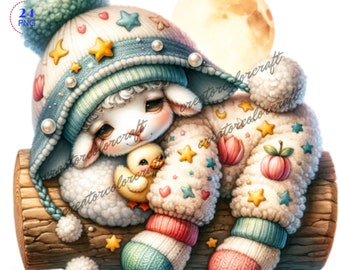 Sleeping Sheep Clipart, Gnome Clip Art PNG Watercolor, Junk Journal, Card Making Gift Tag, Digital Images Sublimation Printable, Sublimation