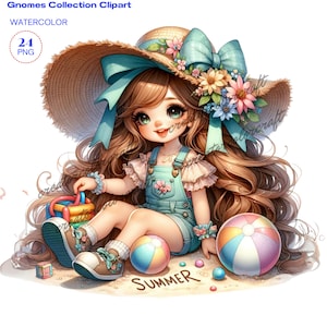 Summer Beach Gnome Watercolor Clipart Png, Sea Summer Gnome, Nature Gnome Clip Art, Printable, Sublimation, Designs, Girl Gnome Clipart