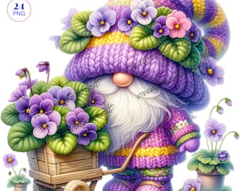 Mini African Violet Gnomes Clipart, Flower gnome, Garden gnome clipart, Spring gnomes,Gnome With Flowers,Summer gnome,Card Making,bundle Png