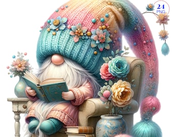 Läsande Clipart, Söta tomtar clipart, Läs bok Clipart, Planerare, Inbjudan, Sublimering, Akvarell lästomtar, Läsande boktomtar