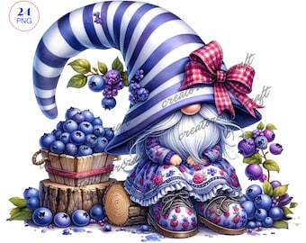 Blueberry Gnomes clipart, Garden clipart, Spring gnome png, Gnome With Flowers, Summer gnome png, Sublimation Designs, Cute Gnome clipart