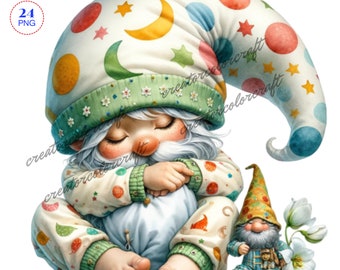 Sleeping Gnome Clipart, Gnome Clip Art PNG Watercolor, Junk Journal, Card Making Gift Tag, Digital Images Sublimation Printable, Sublimation