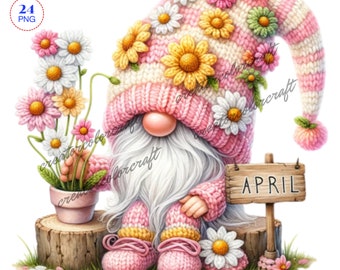 Birth Month Flower Gnome Watercolor Clipart, Birth Month Flower, Daisy Gnomes Clipart, Flowers Gnomes PNG, Garden clipart, Spring gnome png