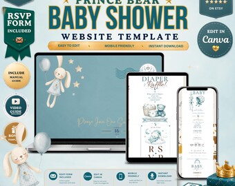 Szablon strony internetowej na baby shower, formularz RSVP, edytowalne zaproszenie Canva