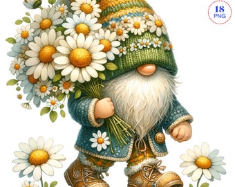 Daisy Flower Gnome clipart, bundle Png, Garden clipart, Spring gnome png, Gnome With Flowers, Summer gnome png, Sublimation Designs