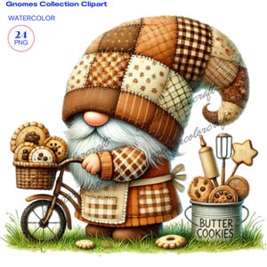 Puede incluir: Una ilustración de acuarela de un gnomo que lleva un sombrero de patchwork marrón y blanco y un vestido de cuadros marrón y blanco. El gnomo lleva una cesta de galletas y va en bicicleta. El gnomo está de pie en un parche de hierba verde. Hay un cubo de galletas que dice "Butter Cookies" en el fondo.