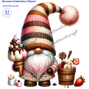 Clipart de gnomo de sorvete, gnomo de caminhão de sorvete, clipart de gnomo de verão, comida de acampamento, gnomo chef, clipart de gnomo natural, assado com gnomo de amor