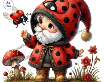 Ladybug Lover Gnome Clipart, Ladybug Gnome Clipart PNG bundle, Digital Download,Animal Farm Gnome,Fur Mama Gnome,Digital Paper Craft,Nursery
