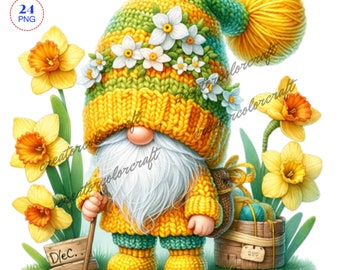 Birth Month Flower Gnome Watercolor Clipart, Birth Month Flower, Narcissus Gnomes, Flowers Gnomes, Garden clipart, Spring gnome,Summer Gnome