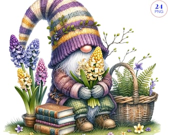 Hyacint Flower Gnome clipart, bundel Png, Tuin clipart, Lente kabouter png, Gnome met bloemen, Zomer kabouter png, Sublimatie Ontwerpen