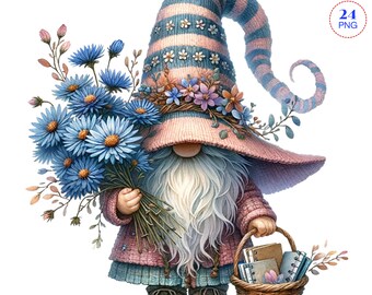 Blauwe aster bloem Gnome clipart, bundel Png, Tuin clipart, Lente kabouter png, Kabouter met bloemen, Zomer kabouter png, Sublimatie Ontwerpen