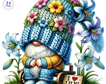 Lily Gnomes Clipart Bundle, Flowers Gnomes PNG, bundle Png, Garden clipart, Spring gnome png, Gnome With Flowers, Summer gnome, Card Making