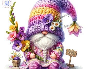Birth Month Flower Gnome Watercolor Clipart, Birth Month Flower, Gladiolus Gnomes, Flowers Gnomes, Garden clipart, Spring gnome,Summer Gnome