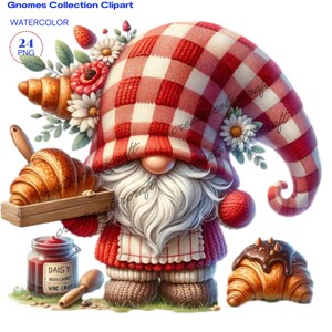 Croissant Gnome Clipart, Fast Food Clipart, Summer gnome clipart, Camping food, Chef gnome, Pastry Gnome, Baked with love gnome, Chef gnome